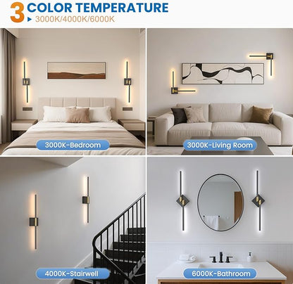 NIORSUN 28 Inch Battery Operated Wall Sconce Set of 2, Black-Gold Rechargeable Wall Lights with DIY Independently Rotatable Tube, 3CCT Dimmable Wireless Wall Sconces for Living Room Bedroom Hallway