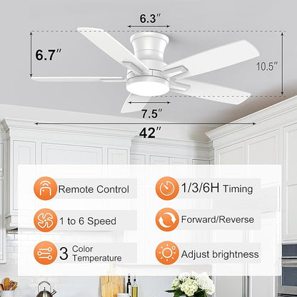 YUHAO 42 Inch Flush Mount White Ceiling Fan with Light and Remote Control.Noiseless,Dimmable,3CCT,6 Speeds Reversible, Low Profile DC Ceiling Fans for Indoor or Covered Outdoor Use,ETL Listed