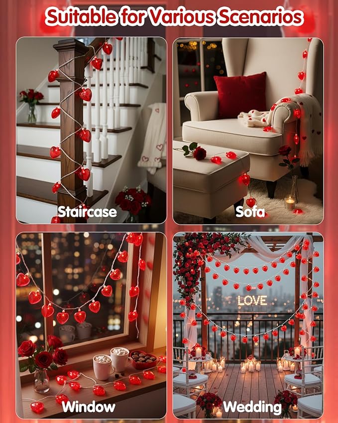SUNSGNE Red Heart String Lights Valentines Lights, 8.5FT Plug in Fairy String Lights with 10 LED Red Heart Bulbs for Indoor Outdoor Home Room Party Wedding Valentine's Decor, White Wire