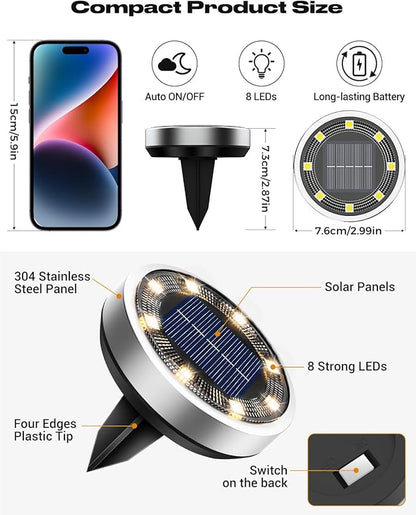 btfarm 16 Pack Solar Lights Outdoor, 8 LED Solar Ground Lights IP65 Waterproof Flat Solar Disc Light, Pathway Lights for Garden Lawn Patio Yard Path Landscape, Warm White