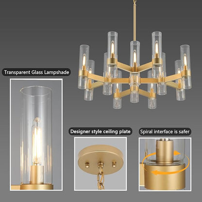 12 Light Gold Chandeliers for Dining Room Light Fixture, Modern Farmhouse Chandelier Over Table, Kitchen Hanging Lighting with Clear Glass Cover for Living Dining Room Kitchen Bedroom Foyer 34"