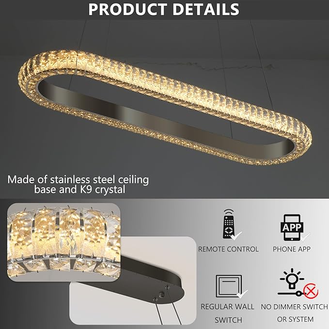 40'' Oval Ring Crystal Chandelier Modern LED Dimmable Ring Pendant Light Chandelier for Dining Room Living Room Black