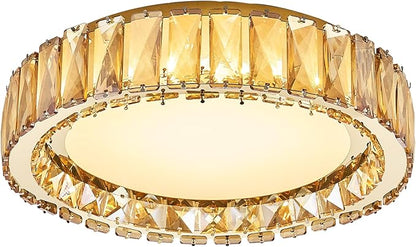 Amber Crystal Dimmable Flush Mount Ceiling Light, Gold Modern LED Close to Ceiling Light Fixture with 5CCT 2700K-6000K, Round Kitchen Lighting for Bedroom,Laundry Room, Hallway, Living room (15in 36W)