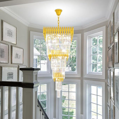W24 x H80 Large Gold Chandeliers for High Ceiling, 15-Light Square Tiered K9 Crystal Raindrop Chandelier, Adjustable Height Luxury Pendant Light for Staircase, Villa Foyer, Entryway