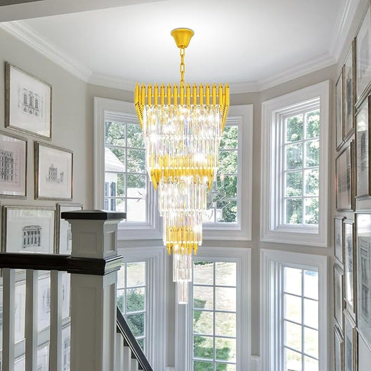W24 x H80 Large Gold Chandeliers for High Ceiling, 15-Light Square Tiered K9 Crystal Raindrop Chandelier, Adjustable Height Luxury Pendant Light for Staircase, Villa Foyer, Entryway