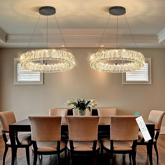 HAIXIANG Modern Crystal Chandelier Dimmable LED 16 Inch Ring Pendant Lights Adjustable Glam Chandeliers Lighting Fixtures for Dining Room Living Room Bedroom Black Light