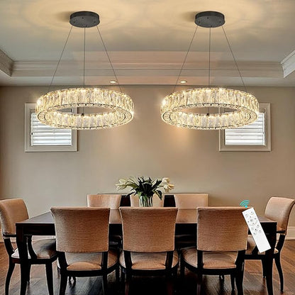 HAIXIANG Modern Crystal Chandelier Dimmable LED 16 Inch Ring Pendant Lights Adjustable Glam Chandeliers Lighting Fixtures for Dining Room Living Room Bedroom Black Light