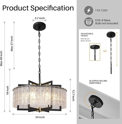 Modern Black Crystal Chandeliers for Dining Room, Elegant Chandelier Light Fixture for Kitchen Island, Water Ripple Glass, Drum Hanging Lights for Bar Table Entryway Foyer Hallway-24”