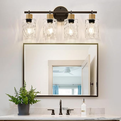 MOKATNG Bathroom Light Fixtures, 4-Light Coastal Vanity Lights with Crystal Glass Shade, Oil-Rubbed Bronze Bathroom Wall Lamp for Mirror Kitchen Hallway Cabinet