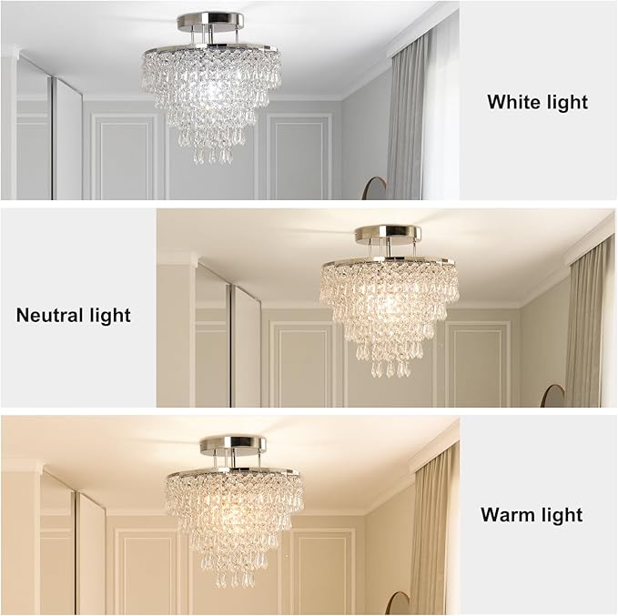FRIXCHUR 11.8" Crystal Chandelier Chrome Flush Mount Ceiling Light 5 Tiers Raindrops Silver Chandeliers for Bedroom Hallway Living Room, E26 Base