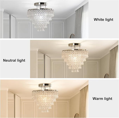 FRIXCHUR 11.8" Crystal Chandelier Chrome Flush Mount Ceiling Light 5 Tiers Raindrops Silver Chandeliers for Bedroom Hallway Living Room, E26 Base