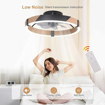 Garwarm 20IN Low Profile Ceiling Fans with Lights and Remote, 30W Fandelier Ceiling Fan Flush Mount,3000K-6500K Dimmable Bladeless LED Fan Light for Bedroom Kitchen Living Room Dining Room