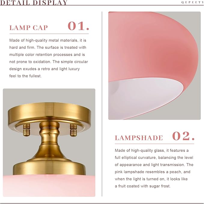 Pink Glass Ceiling Light Fixture, Blush Retro Flush Mount for Girls Room Nursery, Bedroom, 15.74 Inch Vintage Ceiling Light with Gold Metal Base, E26 Socket (Bulb Not Included)