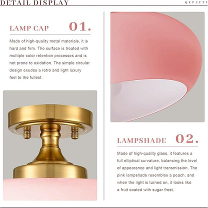 Pink Glass Ceiling Light Fixture, Blush Retro Flush Mount for Girls Room Nursery, Bedroom, 15.74 Inch Vintage Ceiling Light with Gold Metal Base, E26 Socket (Bulb Not Included)