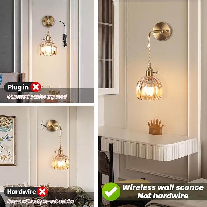 Vintage Battery Operated Wall Sconces Sets Of Two,Indoor not Hardwired Amber Tulip Glass Lampshade Fixtures,Rechargeable Wireless RGB Wall Lights with Dimmable Remote Control,for Bedroom Living Room