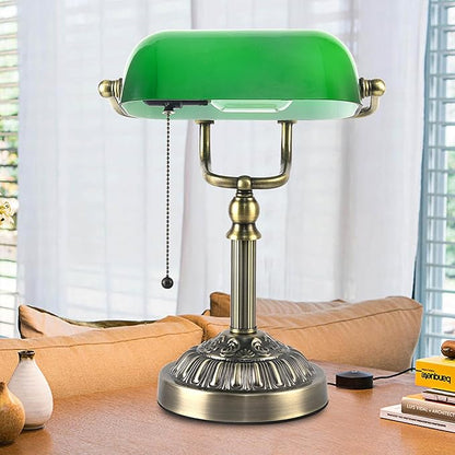 Bankers Desk Lamp with USB-A Charging Port, Vintage Green Glass Desk Lamp with Pull Chain, Antique Brass Banker's Desk Lamp for Home Office Library