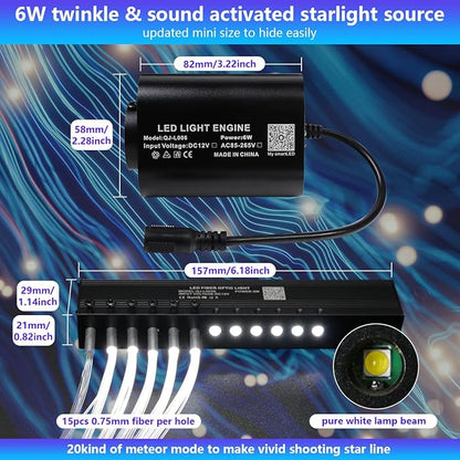 AMKI Mini 6W 600pcs 0.03in 13.1ft Twinkle Starlight Headliner Kit+180pcs Meteor Shooting Star Pure White,Sound Activated Fiber Optic Starlight Box APP/Remote Control for Car Home Star Ceiling Decor