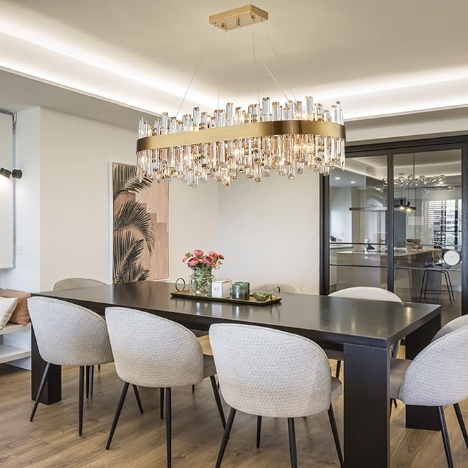Siljoy 16-Light Rectangular Gold Crystal Chandelier for Dining Room, Modern 2-Tiers K9 Crystal Raindrop Chandelier, Luxury Crystal Pendant Ceiling Light for Living Room Kitchen Island, L35.4''