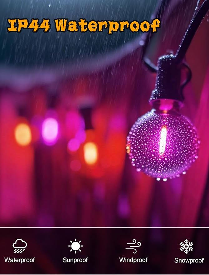 50Ft G40 LED Outdoor Christmas String Lights, Christmas Decorations with 27 LED Shatterproof Clear Orange and Purple Globe Bulbs(2 Spare), Hanging Patio Night Lights for Home Party Garden Yard Decor
