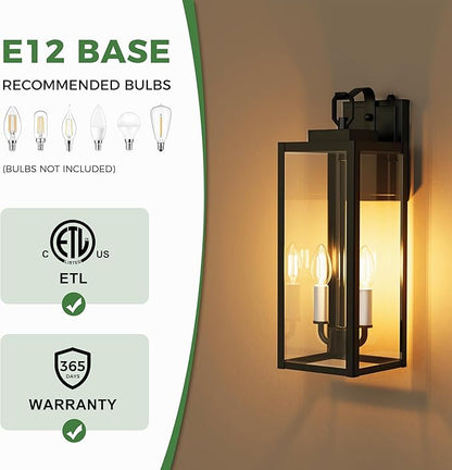 DORESshop 18" Dusk to Dawn Outdoor Wall Lights, 2-Light Black & White Outdoor Wall Sconce Lantern with Clear Glass, Tall Transitional Exterior Light Fixtures for Porch, Garage, ETL Listed, 2 Pack