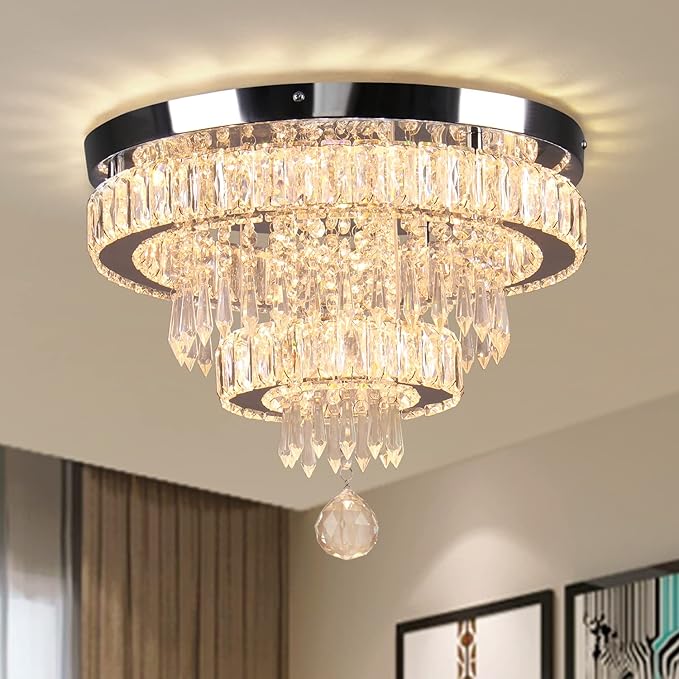 Finktonglan 15.7" Crystal Semi Flush Mount Ceiling Light, 2-Ring LED Crystal Chandelier, Warm White 3000K, Non-Dimmable, Built-in LED for Bedroom Hallway Entryway Dining Room