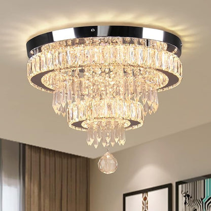 Finktonglan 15.7" Crystal Semi Flush Mount Ceiling Light, 2-Ring LED Crystal Chandelier, Warm White 3000K, Non-Dimmable, Built-in LED for Bedroom Hallway Entryway Dining Room