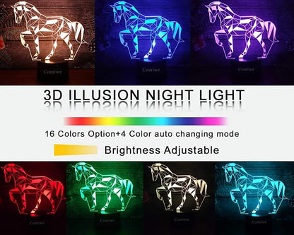 Horse 3D Illusion Night Light, 16 Colors Dimmable LED Bedside Lamp with Touch & Remote Control, USB & Battery Powered Home Decor for Bedroom, Living Room & Holiday Settings