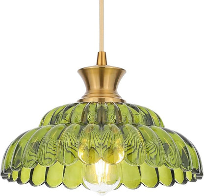 Green Glass Pendant Lights, 11.8" Vintage Lighting Glass Light Fixtures Brushed Gold Modern Hanging Ceiling for Kitchen Island Dining Room Restaurant Foyer Entryway