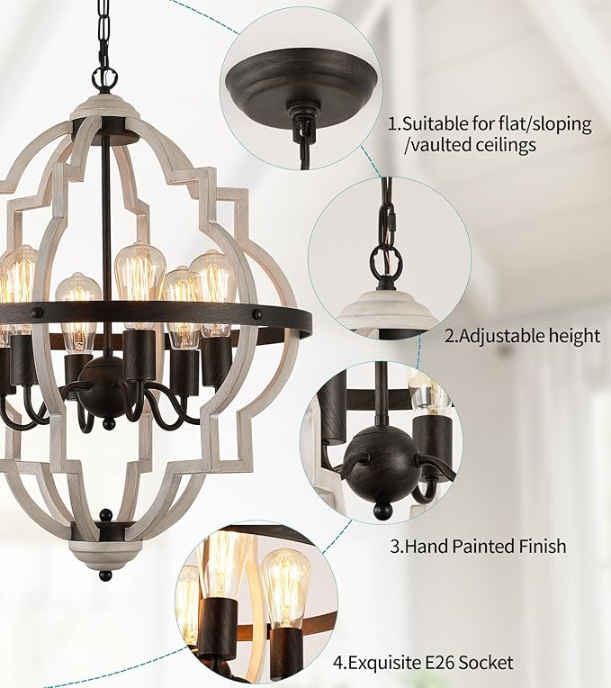 MEIXISUE Farmhouse Rustic Chandelier,ORB+Oak Finish,6-Light Vintage Antique Chandeliers Pendant Light Fixture for Kitchen Dining Room Living Room Entryway Foyer UL Listed
