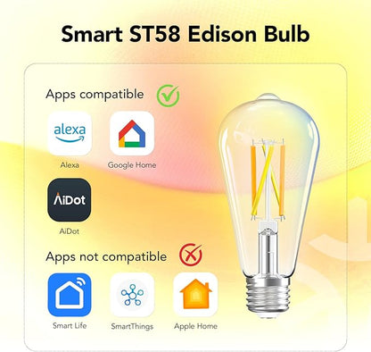 OREiN Smart Edison Light Bulbs, 2.4 Ghz Wi-Fi ST19(58) Vintage Light Bulbs E26, 800LM Dimmable via app, 2700-6500K Tunable, Smart LED Filament Bulb Works with Alexa/Google Home, 60W Equivalent 4Pack