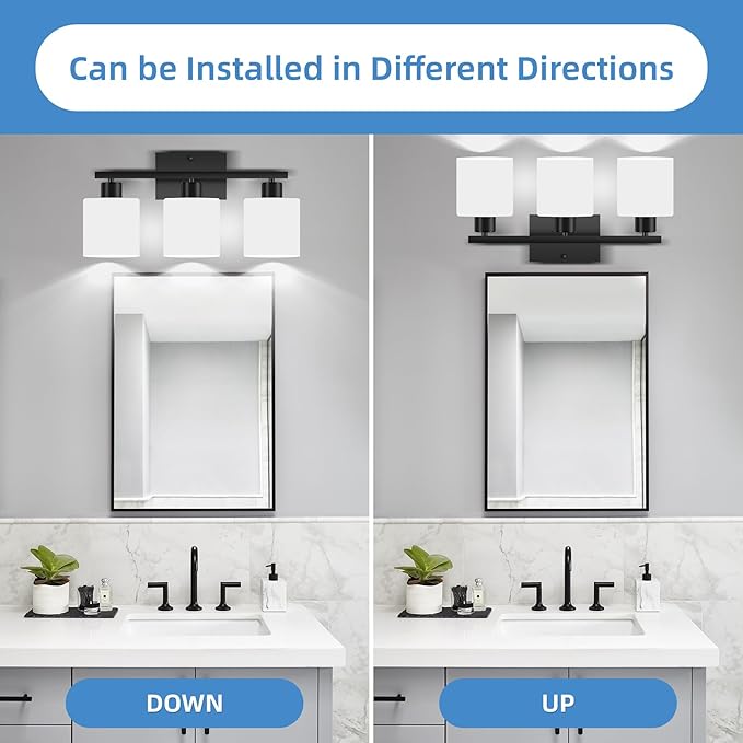 SILAMPDI Black Bathroom Light Fixture Over Mirror, Rustproof 3-Light Vanity Lights Fixtures, Modern Wall Sconces Lighting for Bedroom, Hallway, Milky White Glass Shades, E26 Base, Bulbs Not Included