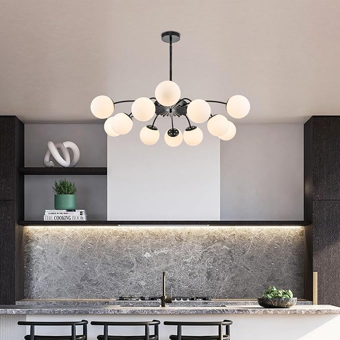 Longree 12-Light Black and White Sputnik Chandeliers with Blossom Accent Milk Glass Bubble Pendant Lighting, Mid Century Opal Glass Ceiling Light Fixture for Dining Hallway Living