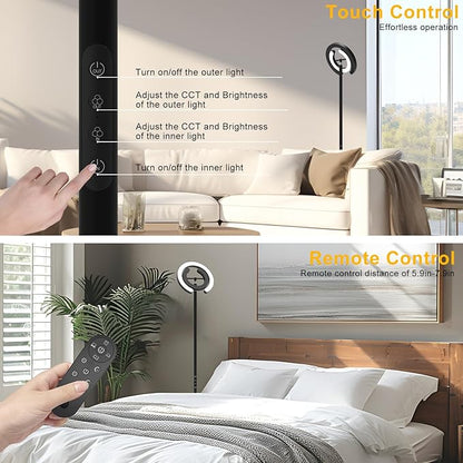 EPABINA Floor Lamp for Living Room, 75.5 Inch Tall Standing Lamp for Bedroom with 2 312° Rotatable Ring Lights, 36W Bright Stepless Dimmable LED Floor Light with Remote Control for Office Dining Room