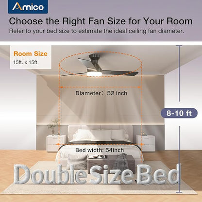 Amico Ceiling Fans with Lights, 52 inch Low Profile Ceiling fan with Light and Remote Control, Flush Mount, Reversible, 3CCT, Dimmable, Noiseless, Black Ceiling Fan for Bedroom, Indoor/Outdoor Use