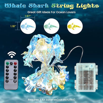 Nautical Theme Ocean Décor Outdoor Beach Decorative String Lights Whale Shark Cute Marine Life Novelty Night Lights 30LED 10ft Battery Operated for Outdoor Indoor Decor