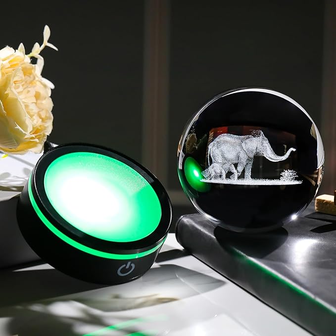 YWHL 3D Elephant Crystal Ball Figurine with Colorful Light Base, Elephant Gifts for Mom Women Men Elephants Lovers, Decorative Elephants Ball Glass Animal Globe Night Light for Home Decor (80mm)
