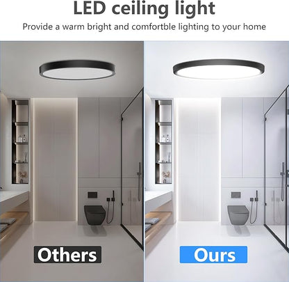 Flush Mount Ceiling Light Fixtures,12inch Flat led Light for Ceiling,6500K 3200LM Ultra Thin Round Black Lamp for Bedroom Kitchen,Bathroom,Garage,Living Room, Dining Room - 2PCS
