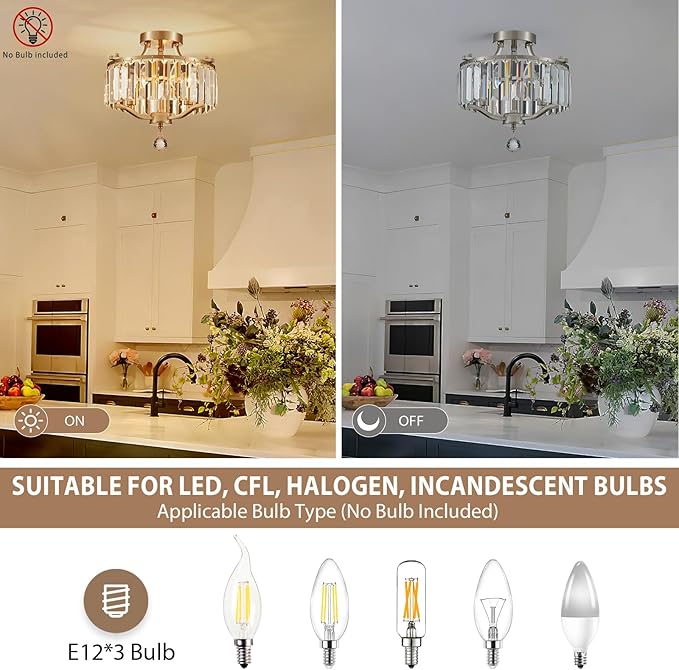 Brushed Nickel Crystal Semi Flush Mount Ceiling Light Fixture Modern Farmhouse Small Chandelier 3-Light Round Crystal Mini Chandelier for Dining Room Entryway Hallway Kitchen Bedroom Foyer