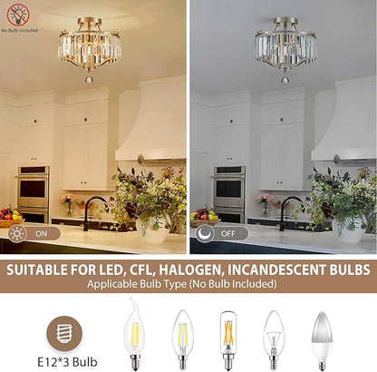 Brushed Nickel Crystal Semi Flush Mount Ceiling Light Fixture Modern Farmhouse Small Chandelier 3-Light Round Crystal Mini Chandelier for Dining Room Entryway Hallway Kitchen Bedroom Foyer