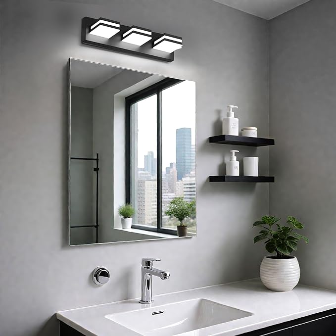 IZORRO LED Modern Bathroom Lights Fixtures(3-Light,Dimmable,360°Rotate),Matte Black Acrylic Wall Lighting,Vanity Lights for Bathroom Over Mirror - 6000k 16In （No Assembly Required）