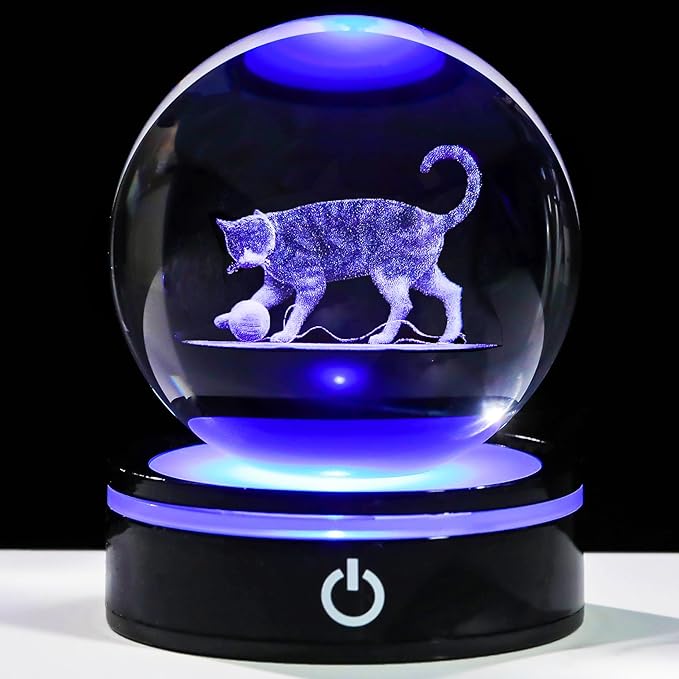 YWHL 3D Cat Figurine Crystal Ball with Colorful LED Base, Laser Engraved Cat Gifts for Women Men for Christmas Birthday, Cats Statue Glass Animal Decorative Ball for Home Decor (80mm)