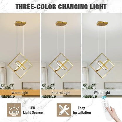 Modern Gold LED Square Chandelier,Adjustable Geometric Pendant Light with Remote Dimmable 3000K–6000K,Contemporary Hanging Light Fixture for Kitchen Island,Dining Room,Living Room