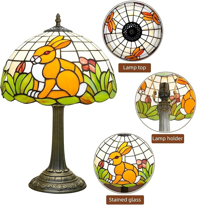 Tiffany Style Lamp with Cat Rabbit Stained Glass Lamp 12 Inch Retro Bronze Base Bedside Lamp Bedroom Living Room, Cafe，Restaurant Art Nouveau Style Decorative Child Interest Ambient Light