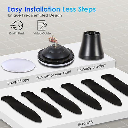 BayDay Ceiling Fans with Lights, Flush Mount Ceiling Fan Led Lights Quiet DC Dimmable 6 Blades (Black Fan, Led Light + Side RGB Light, 51 inch)