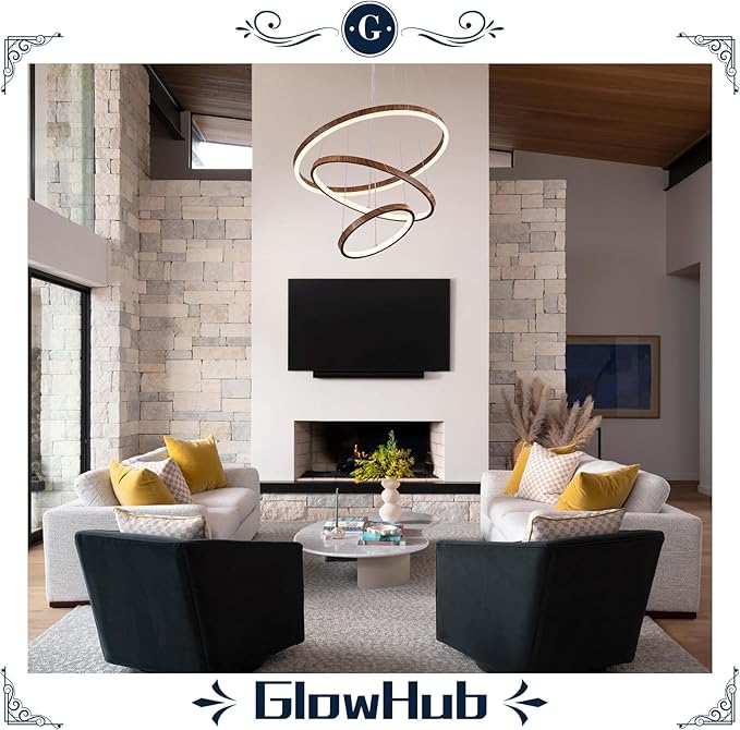 GlowHub 3-Rings Modern LED Chandelier, Wood Grain Round Dimmable Pendant Lighting with Remote Control Circular Hanging Light High Ceiling for Dining Room Kitchen Foyer, 3000K-6500K D20’’