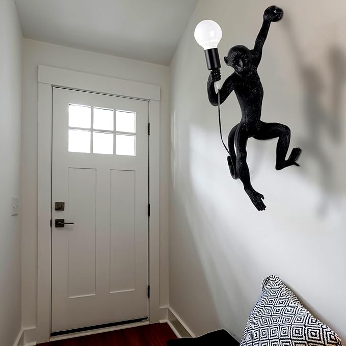 Modern Resin Monkey Wall Lamp & Pendant Light - Hemp Rope Vintage Lamp for Home Decor - Dining, Living Room, Bedroom, Entryway (Black)