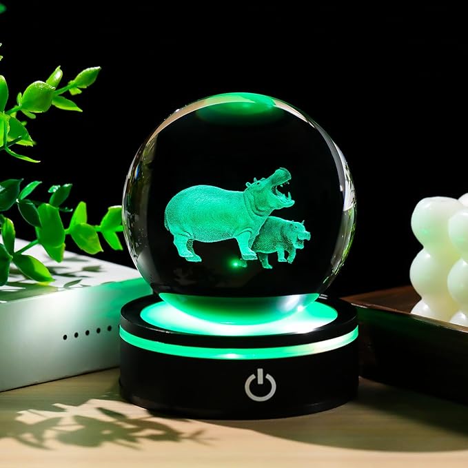 YWHL 3D Hippo Crystal Ball Figurine with LED Base Laser Hippopotamus Gifts for Women Men on Christmas Birthday Decorative Hippo Ball Glass Hippopotamus Globe for Home Decor (80mm)