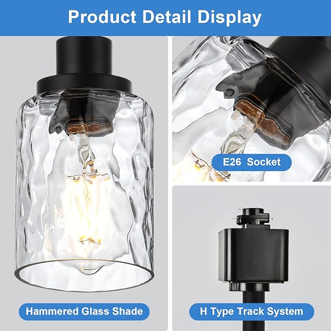 4 Pack H Track Lighting Heads Black Track Lighting Fixtures with Clear Hammered/Water Ripples Glass, H Type Track Lighting Replacement Heads Ceilig Spotlight for Kitchen Accent Retail E26 Base