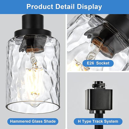 4 Pack H Track Lighting Heads Black Track Lighting Fixtures with Clear Hammered/Water Ripples Glass, H Type Track Lighting Replacement Heads Ceilig Spotlight for Kitchen Accent Retail E26 Base