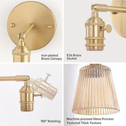 Shenmoyl Vintage Battery Operated Wall Sconce with Amber Stripe Glass Lampshade Rechargeable Battery Powered Wall Light with Remote Control for Bedside Bedroom Doorway, Set of 2